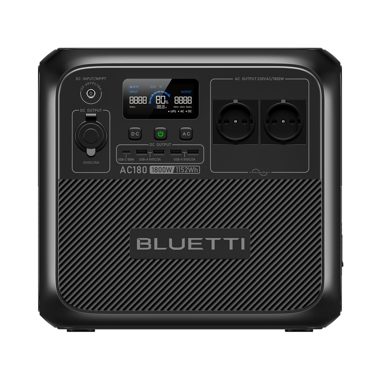 A black BLUETTI AC180 portable power station with multiple ports and indicators on the front panel.