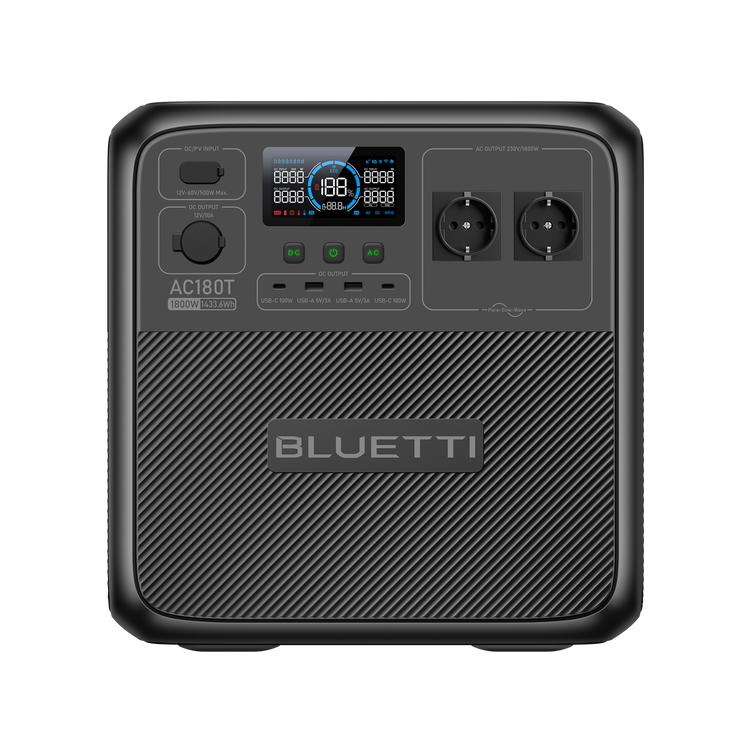 A black BLUETTI AC180T portable power station with a digital display, multiple power outlets, and a textured finish.