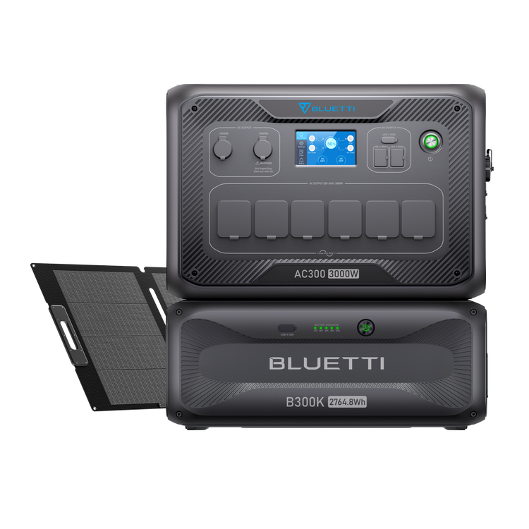 BLUETTI AC300+B300K Home Battery Backup device with a 200W solar panel