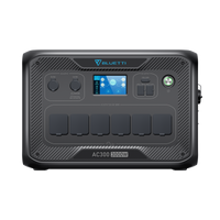 A black BLUETTI AC300 power inverter with a digital display and multiple ports.