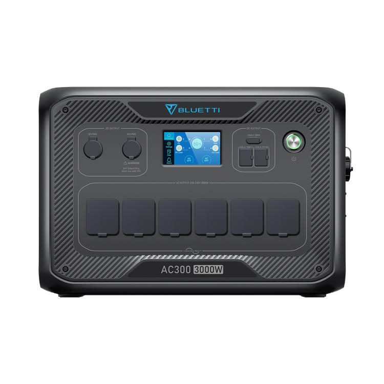 A black BLUETTI AC300 power inverter with a digital display and multiple ports.