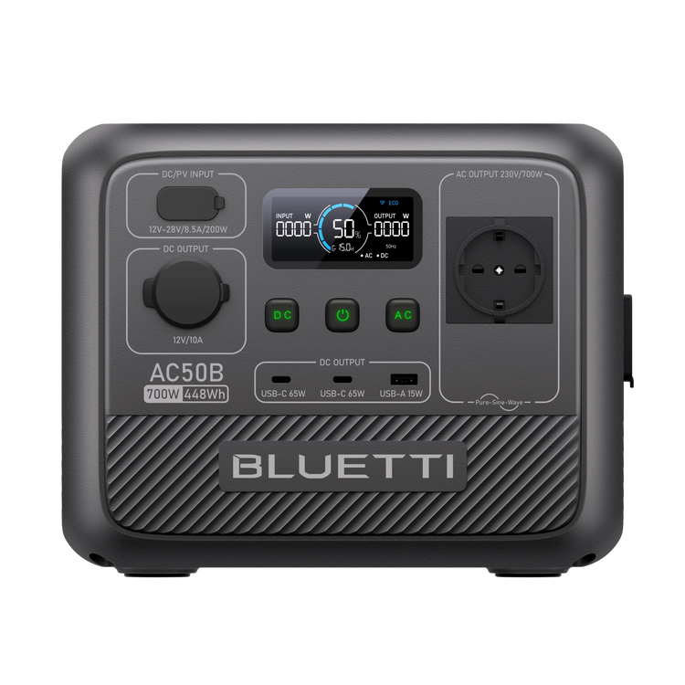 A portable power station with various output ports and indicators, branded BLUETTI.