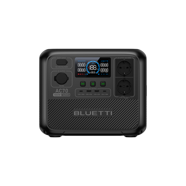A black BLUETTI AC70 portable power station with a digital display, multiple ports, and buttons on the front panel.