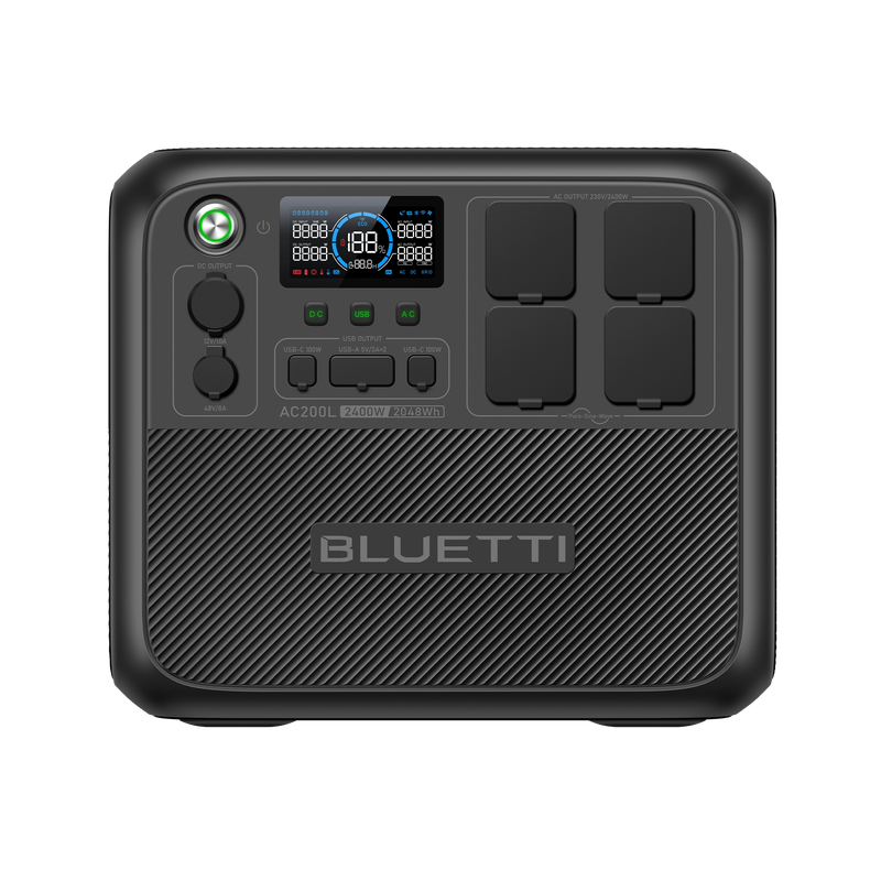 A black BLUETTI AC200L portable power station with multiple output ports and a digital display.