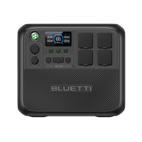 A black BLUETTI AC200L portable power station with multiple output ports and a digital display.